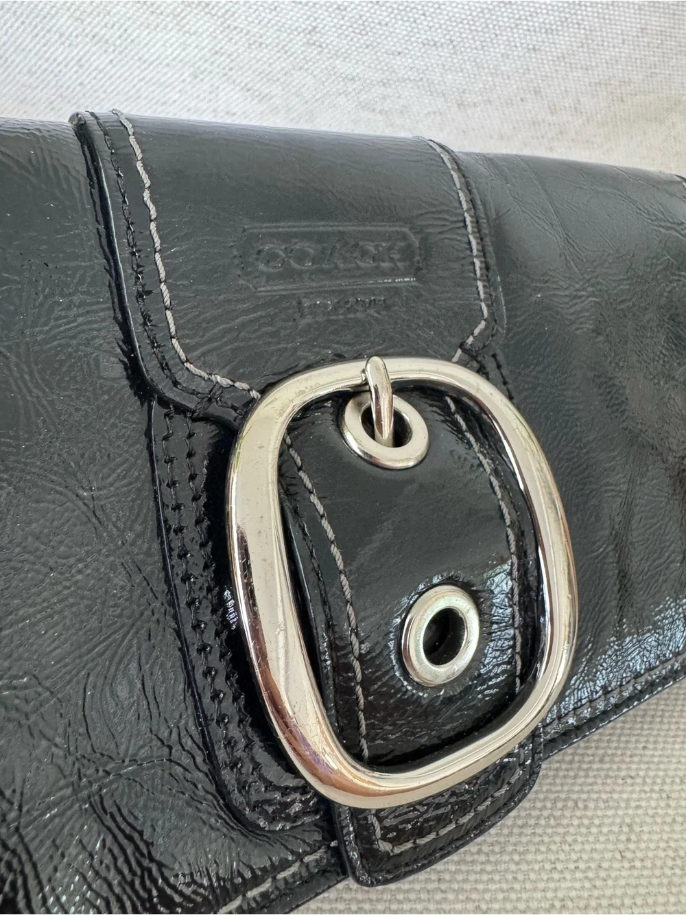Coach Black Glossy Patent Leather Clutch Wristlet Wallet Silver Buckle Accent